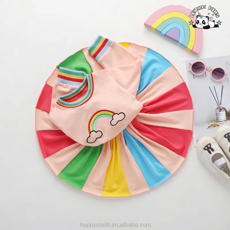 LEZONKIDS - Autumn Long Sleeved Rainbow Colorblock Embroidery Girls Party Dress for Kids Aged 2-14 Years